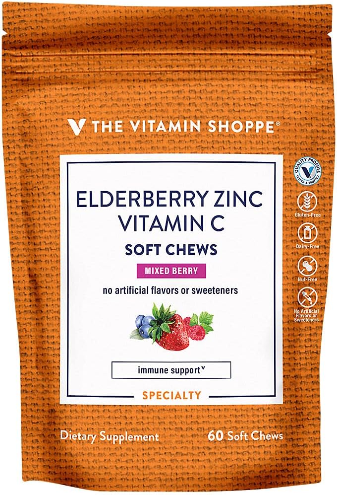 Elderberry, Zinc & Vitamin C Soft Chews - Supporto Immune - Bacca Mista (60 Soft Chews)