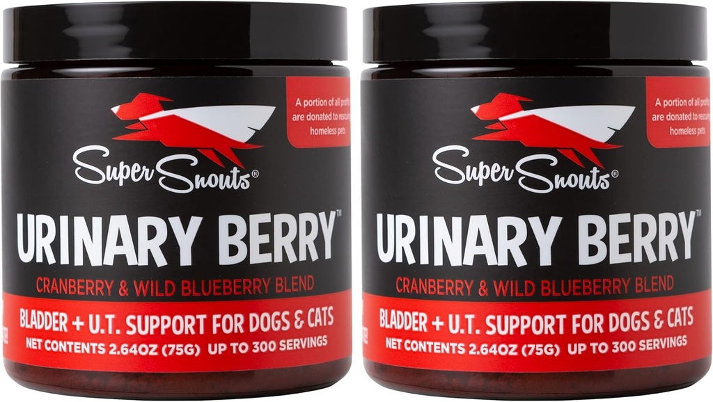 Super Snouts Urinary Berry Tract Supplements for Dogs & Cats, Made in USA, US & Canadian Blueberry & Cranberry Powder, UTI, Supporto per la salute del rene, Supporto per la vescica per cani (2.63 oz, Confezione di 2)