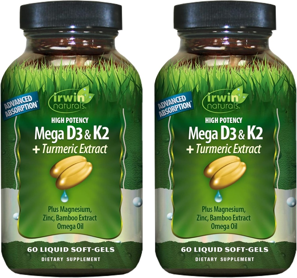 Irwin Naturals High Potency Mega D3 & K2 + Extrait curcuma pour des os sains, une fonction immunitaire et une humeur positive - Absorption avancée avec du magnésium, du curcuma, du bambou et de l'huile d'oméga - 60 softgels liquides