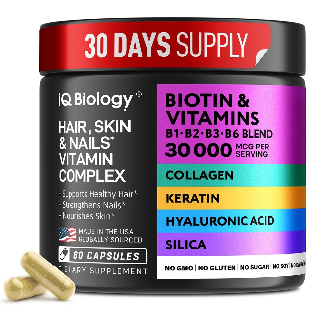 Biotina per la crescita dei capelli Donne & Uomini con Keratin, Collagen Complex 30000 mcg – Capsule per la perdita dei capelli e più forte spessore – Vitamine Skin & Nails, Integratori Biotin 10000mcg e Collagen - 60 Pillole