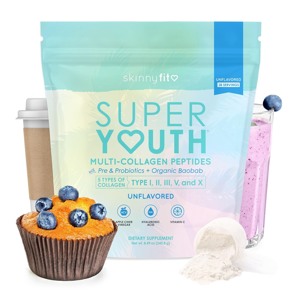 SkinnyFit - Collagène Super Jeunesse pour Femmes - Poudre de Peptides Multi Collagène - Probiotiques, Fibre, Acide Hyaluronique - Non OGM, Sans gluten, Sans sucre - Beauté et Self Care - Non aromatisé (28 portions)