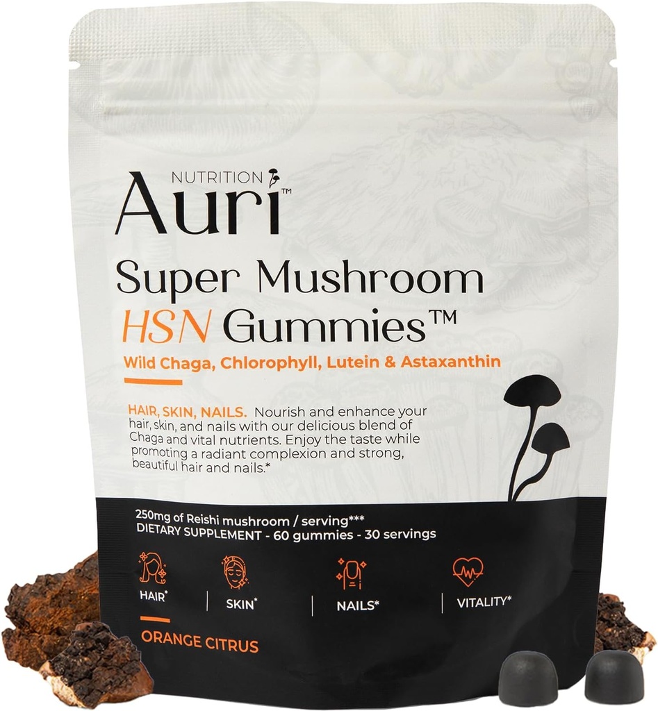 Auri Super Mushroom HSN Gummies - Capelli e Nails Gummies Integratore Funzionale di funghi - con Chaga Selvatico, Clorofilla, Luteina e Astaxantina - 60 Citrus Arancione Gummies