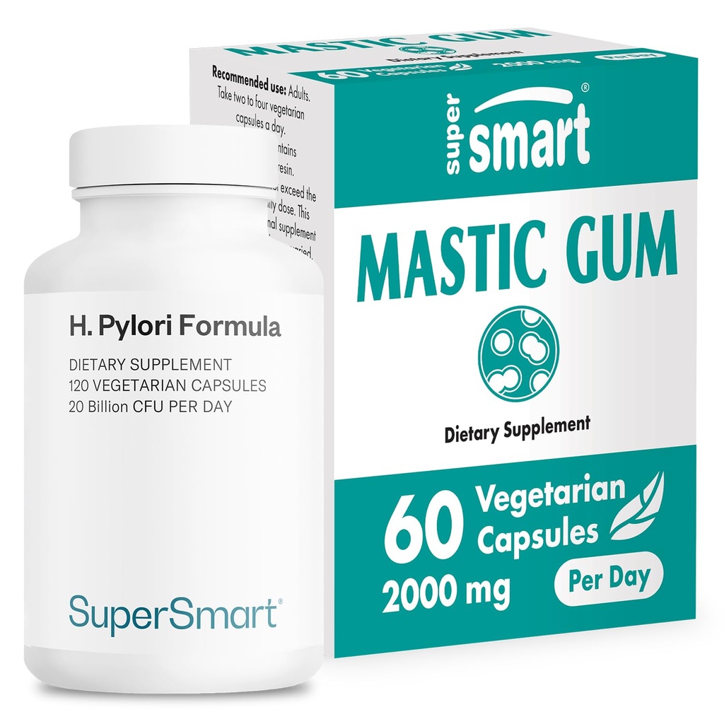 Supersmart - H. Pylori Formula Bundle (Complete Action) - Probiotic L. Reuteri w/Mastic Gum | Non-GMO & Gluten Free - 60x2 & 120 Vegetarische Kapseln