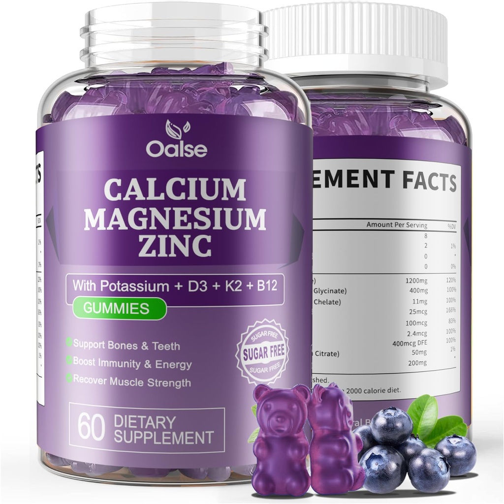 Gummie di zinco di magnesio di calcio con vitamina D3 & K2-alto assorbimento Magnesio Glycinate-Muscles, Immune & Sleep Support-Sugar Free- Blueberry aromaed (1 pacchetto)