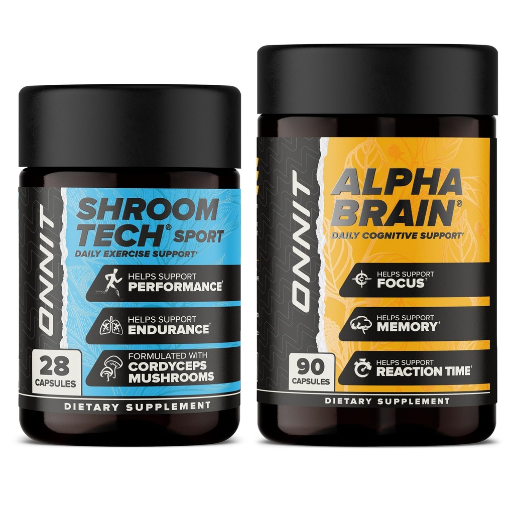 ONNIT Premium Alpha Brain Bundle - Nootropic Brain Supplement (90 Zähler) für Fokus, Konzentration & Speicher + Shroom Tech Sport für Übung, Energie & Herz-Kreislauf-Leistung (28 Zähler)