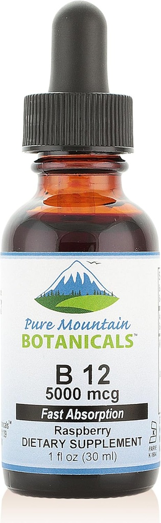 Pure Mountain Botanicals B12 Vitamina 5000 mcg – Kosher B12 Gocce in bottiglia da 1oz con aroma naturale di bacche