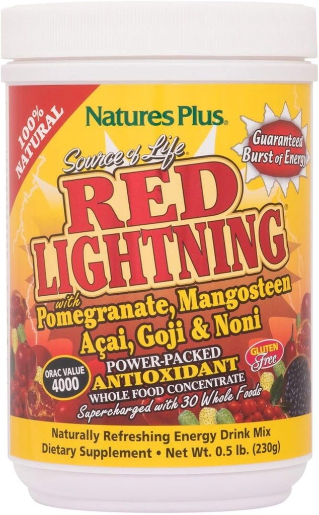 NaturesPlus Source of Life Red Lightning Energy Drink Powder - .5 lbs - Mixed Berry Flavor - Natural Energy Boost - with Whole Foods, Antioxidants & Red Superfoods - Gluten-Free - 38 Servings
