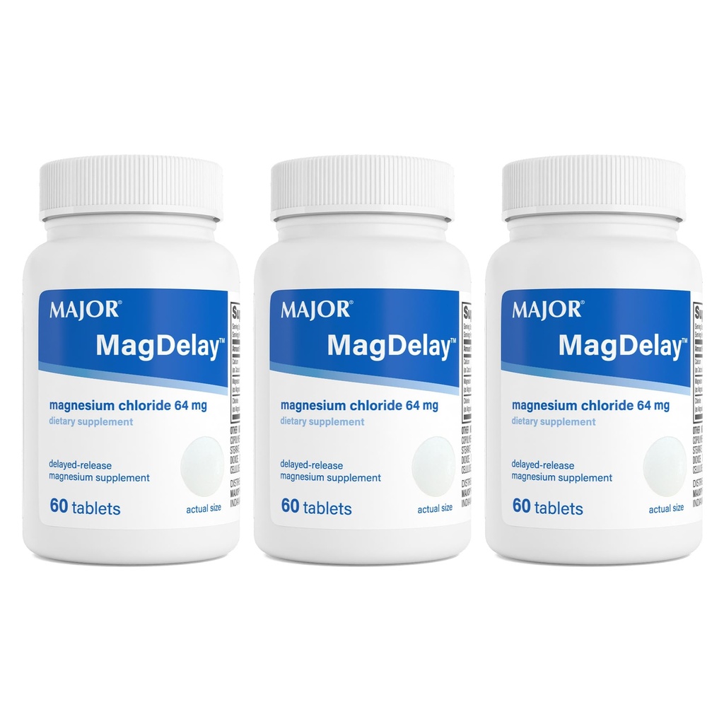 MAJOR MagDelay Magnesium Chloride 64 mg - Delayed-Release Magnesium Supplement - Dietary Supplement - 60 Tablets (3 Pack)
