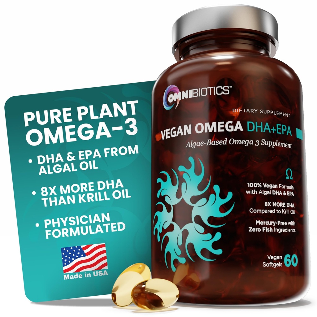 OmniBiotics Vegan Omega 3 DHA EPA Supplement – MD-zertifizierte Pränatalergänzung mit 8X Mehr DHA als Krill Öl, Fish-Free, Non-GMO – 60 Vegan Kapseln