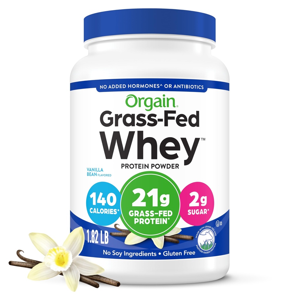 Orgain Whey Protein Powder, Vanilla Bean- 21g Grass Fed Dairy Protein, 5g BCAAs, 3g Prebiotic Fiber, No Sugar Aggiunto, Nessun ormone Aggiunto, Gluten Free, Kosher, For Shakes & Smoothies - 1.82lb