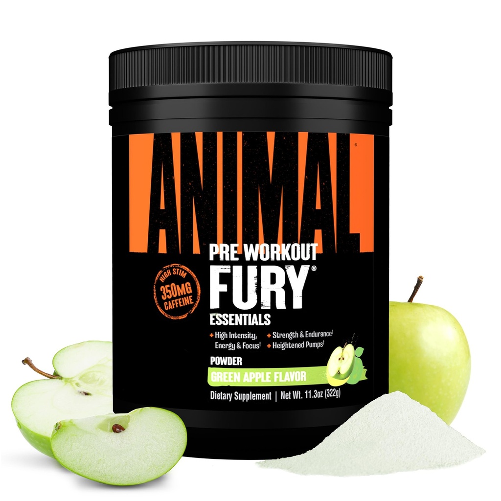 Poudre de pré-entraînement pour les animaux - pomme verte, 350mg caféine, BCAA Acides aminés, 2g Beta Alanine, Citrulline & Tyrosine, Énergie, Focus, Force, Endurance, Pré-entraînement pour les hommes et les femmes, 20 portions