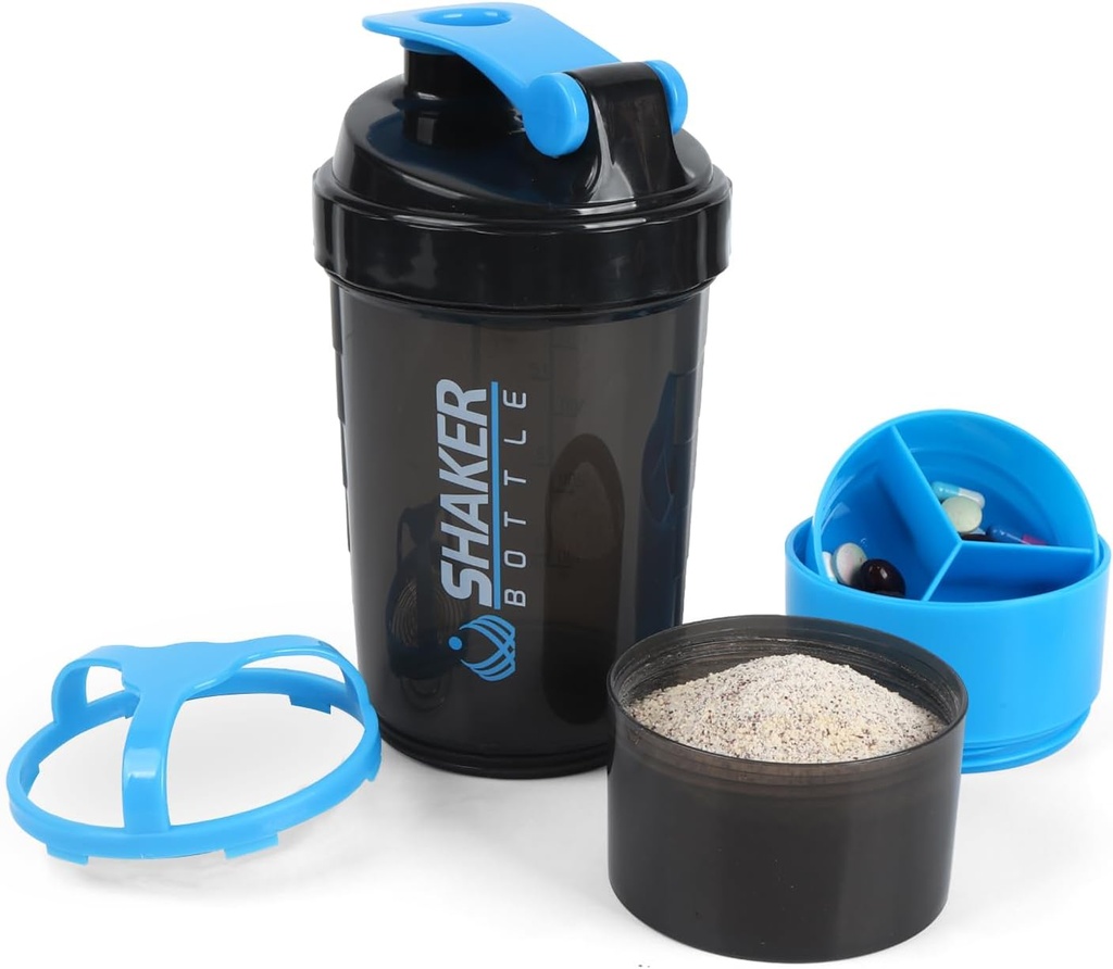 Shaker Bottle - Protein Shaker Cup mit Storage Compartments - Leak-proof Workout Shake Bottles mit Mixer für glatte Mischung-500ML/16oz (BLUE & BLACK)