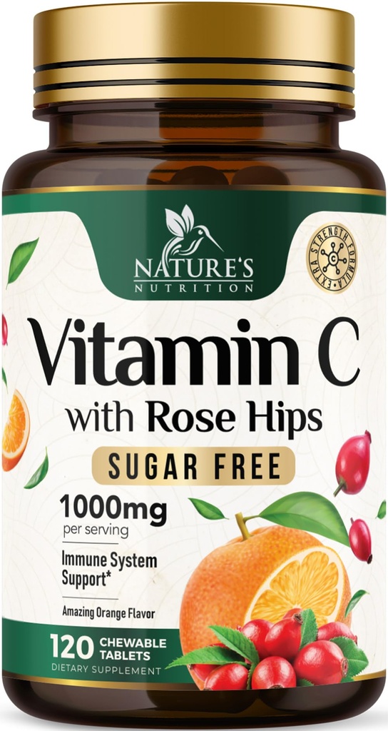 Vitamin C Chewable 1000mg - Extra Strength Antioxidantien für leistungsfähige Immununterstützung w/Vitamin C & Rose HIPS - Potent Dietary VIT C Chews Supplement, Natürliche Orange Flavor, Vegan, Non-GMO - 120 Tabletten