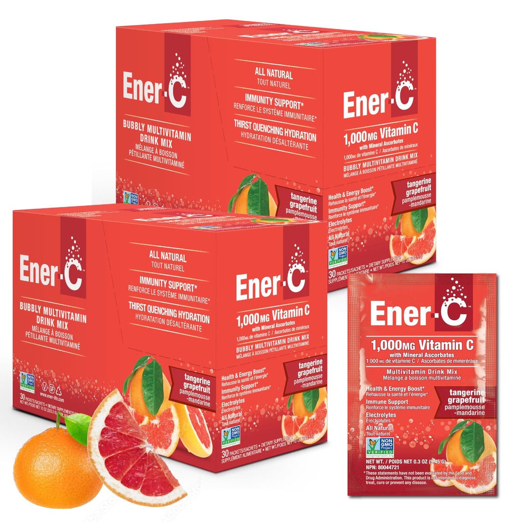 Mélange de multivitamine de Tangerine et de pamplemousse, 1000 mg de vitamine C, non-OGM, végétalien, vraies poudres de jus de fruits, soutien immunitaire naturel, électrolytes, sans gluten, 2 paquets de 30 (60 Nombre)