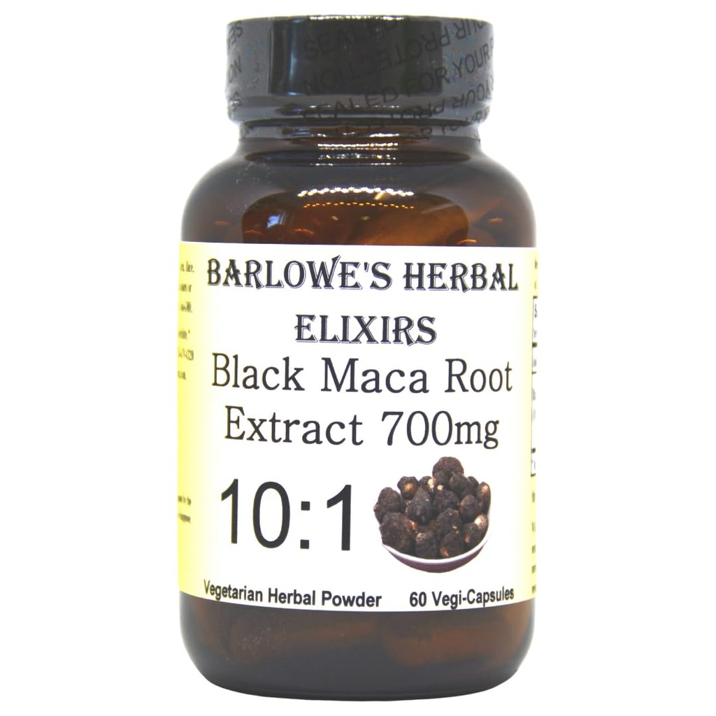 Barlowe's Herbal Elixirs Black Maca | Peruvian Maca Root Extract | 700 mg per Capsule | 60 capsule Veggie (Vegan, Kosher, Halal) | Bottiglia di vetro | Terze parti testate