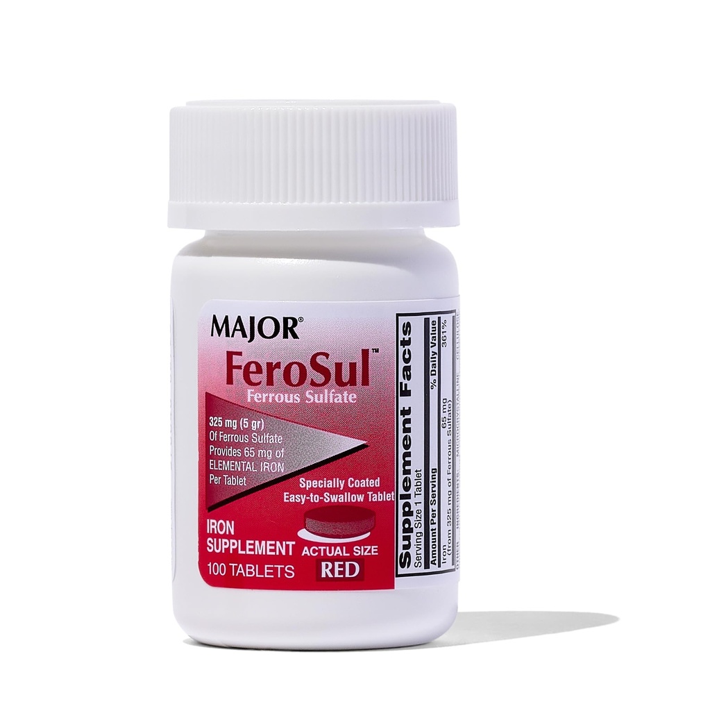 Ferosul maggiore - Ferrous Sulfate 325mg compresse con 65mg di ferro elementare - Supplemento di ferro per le donne, Uomini - Rosso - 100 compresse - Confezione da 1