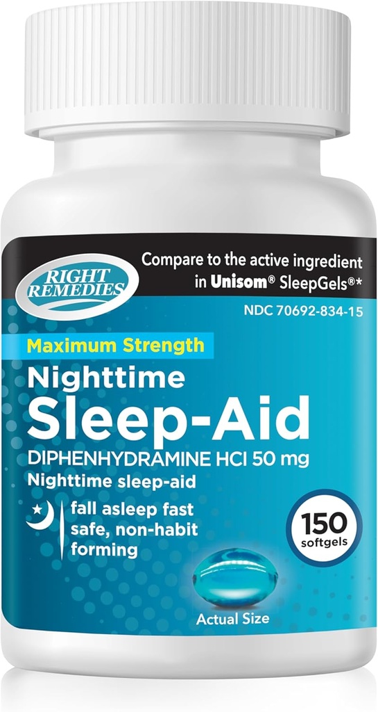 Nighttime Sleep Aid Softgels, (150 Softgels), Diphenhydramine HCI 50 mg, Fall Asleep Fast, Unterstützt tieferen, restful Sleep