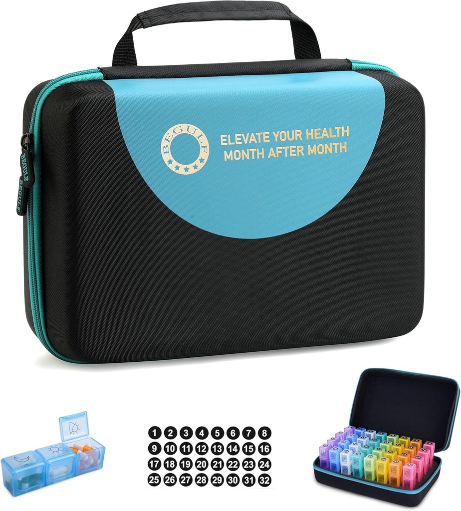 Drop-Proof Monthly Pill Organizer 3 Times A Day, 30 Day Travel Pill Box Organizer with 32 Daily Compartments, Medicine Organizer Box for Vitamin, Fish Oil, Supplement (Black)