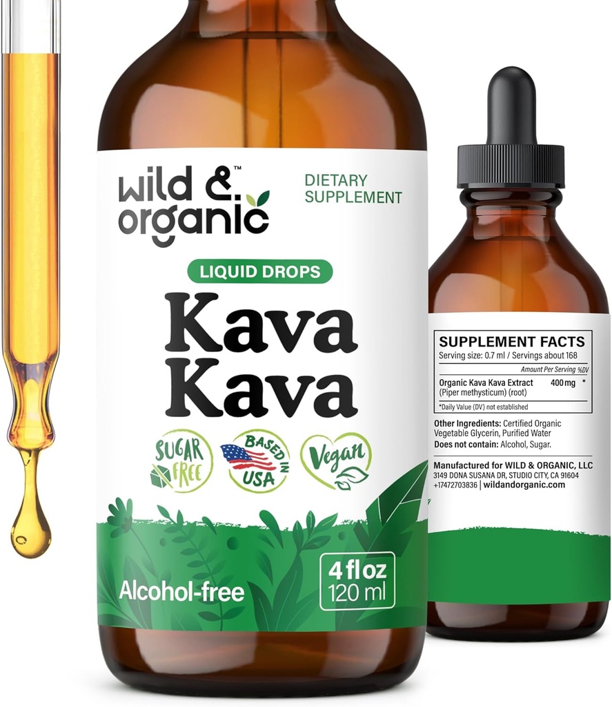 Wild & Organic Kava Kava Drops 400 mg - Calmness & Relaxation Supplement - 5-Monats-Versorgung - Vegan, Zucker & Alkoholfreie flüssige Root Extract Drops - 4 fl oz