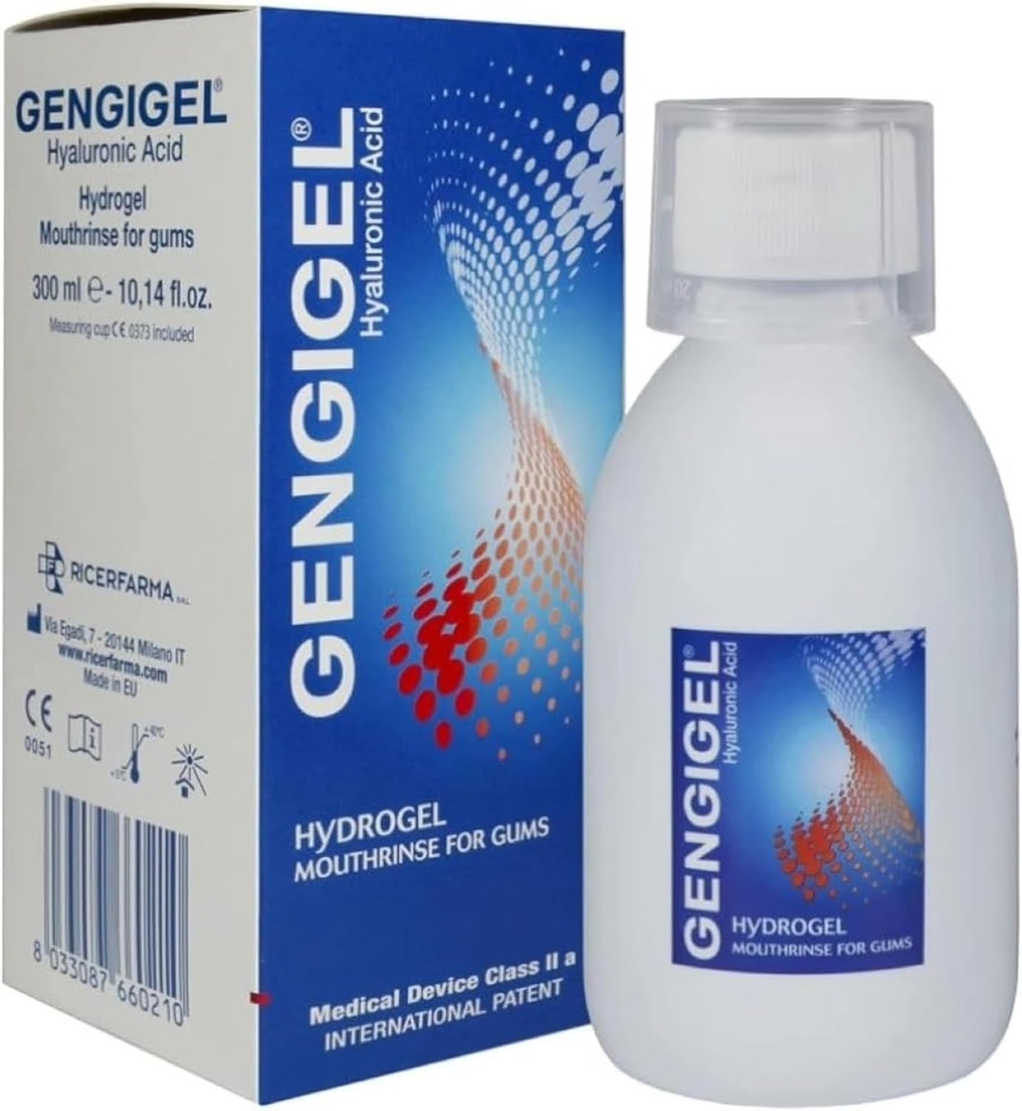 Mouthrinse di acido ialuronico di Gengigel (300 ml), Soluzione per la cura orale per la salute della gomma, Riduce Discomfort, Aiuta a alleviare la recessione della gomma & Gingivitis, No Alcohol o SLS, Vegan & Kosher
