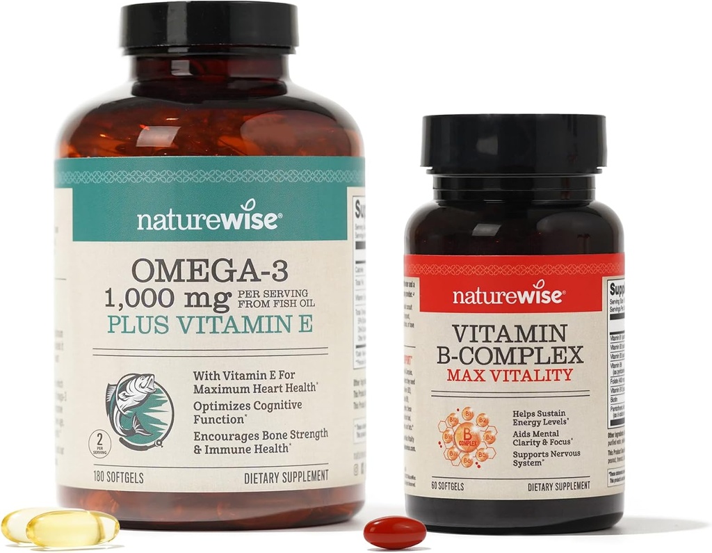 NatureWise 1000mg Omega 3 600mg EPA 400mg DHA avec Vitamine E 180ct et Complexe Vitamine B pour l'énergie cellulaire 60 Softgels[2-Mois]