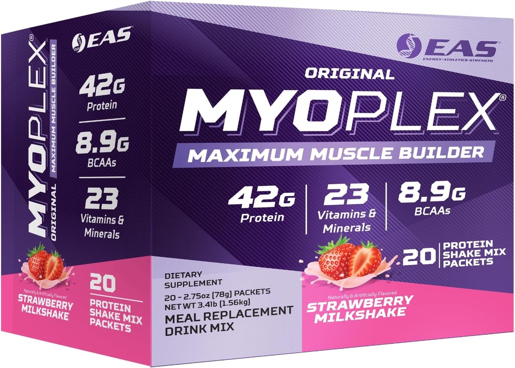 EAS Original Myoplex Maximum Muscle Builder | Meal Replacement Protein Drink Mix | Quality Protein Blend | 42g Protein | 20 singoli pacchetti (Strawberry Milkshake)