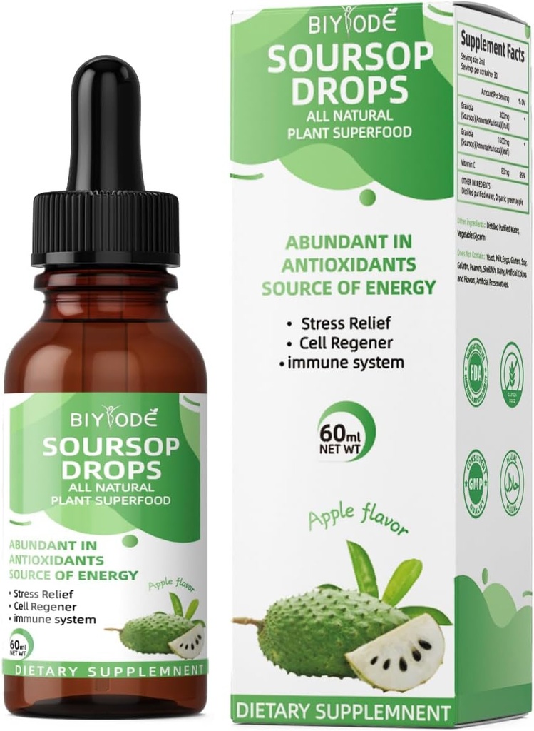 Soursop Graviola Flüssigkeitstropfen mit Sea Moss & Elderberry für Zellunterstützung, Immunität, Lebergesundheit und Schlafhilfe - Organisch, Zucker/Glutenfrei, natürliche Geschmack, 2 Fl Oz