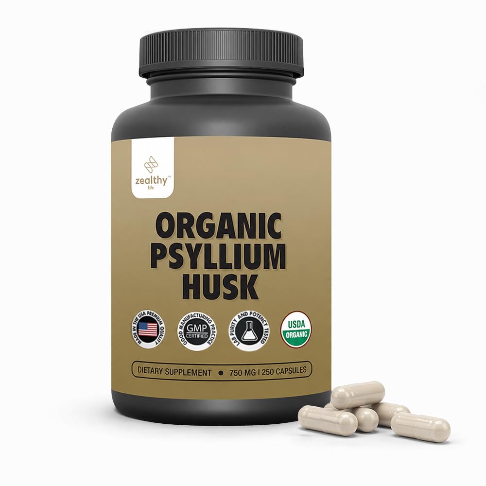Bio Psyllium Husk Kapseln 750 mg, natürliche Faser Ergänzung für Gut Gesundheit* - Alternative zu Psyllium Husk Pulver, Zealthy Life, 250 Kapseln