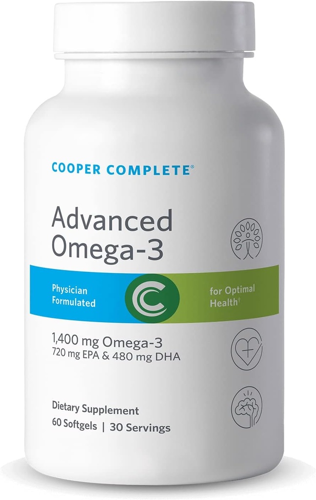 Cooper Complete - Advanced Omega 3 - Fish Oil Supplement, Concentrated EPA + DHA Omega-3 Fatty Acids 1400 mg - 60 Softgels per Bottle. Pack of 3