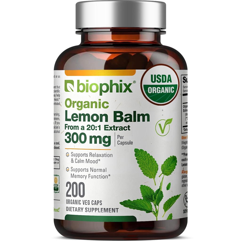 biophix Lemon Balm Kapseln USDA Organic 20:1 Extrakt 300 mg 200 Veggie Caps - Kognitive Gesundheit Schlaf Stress Mood Unterstützung natürliche Kräuterergänzung