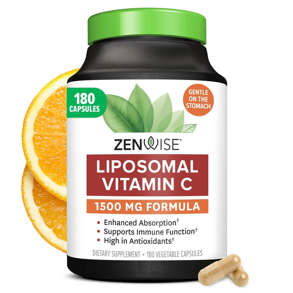 Zenwise Health Enhanced Absorption Liposomal Vitamin C Supplement - 1500mg Liposomal VIT C für Immununterstützung, Antioxidant & Natural Energy Boost - Organisch & Glutenfrei - Entflammt, 180 Kapseln
