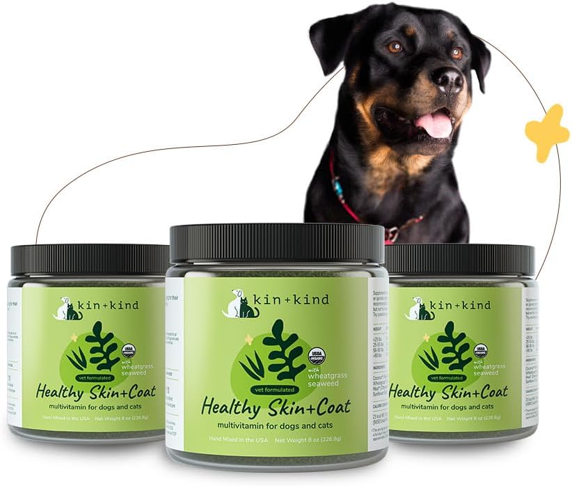 kin+kinkin Organic Multivitamin for Dogs & Cats - Supplément animal pour la peau et le manteau sains - Formule naturelle et sûre avec du blé, du kelp, de l'algue et de la noix de coco - Fabriqué aux États-Unis - Bundle (3 x 8 oz)