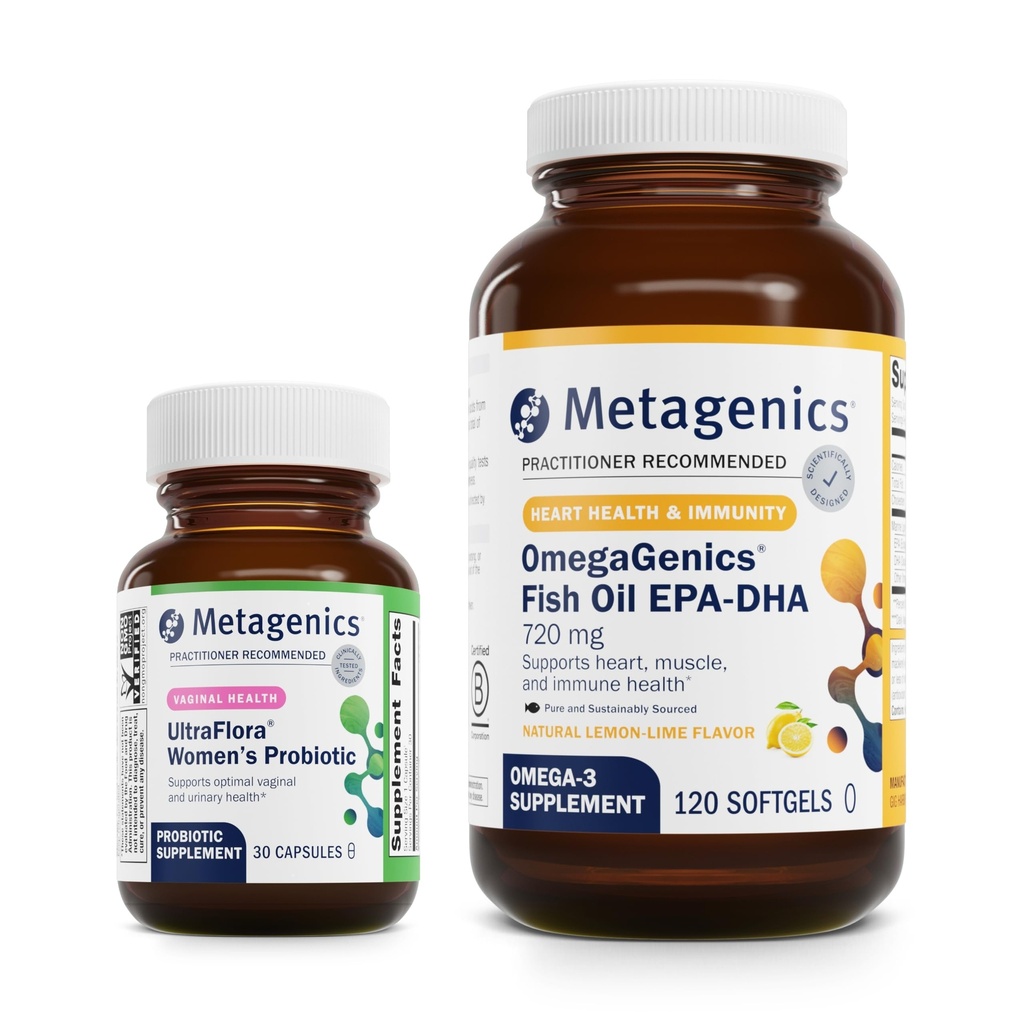 Metagenics Bundle - UltraFlora Women's & OmegaGenics EPA-DHA 720-30 Conte di UltraFlora Donna per la salute vaginale - 120 Softgels di EPA-DHA 720 per il cuore, muscoloscheletrico, salute immunitaria