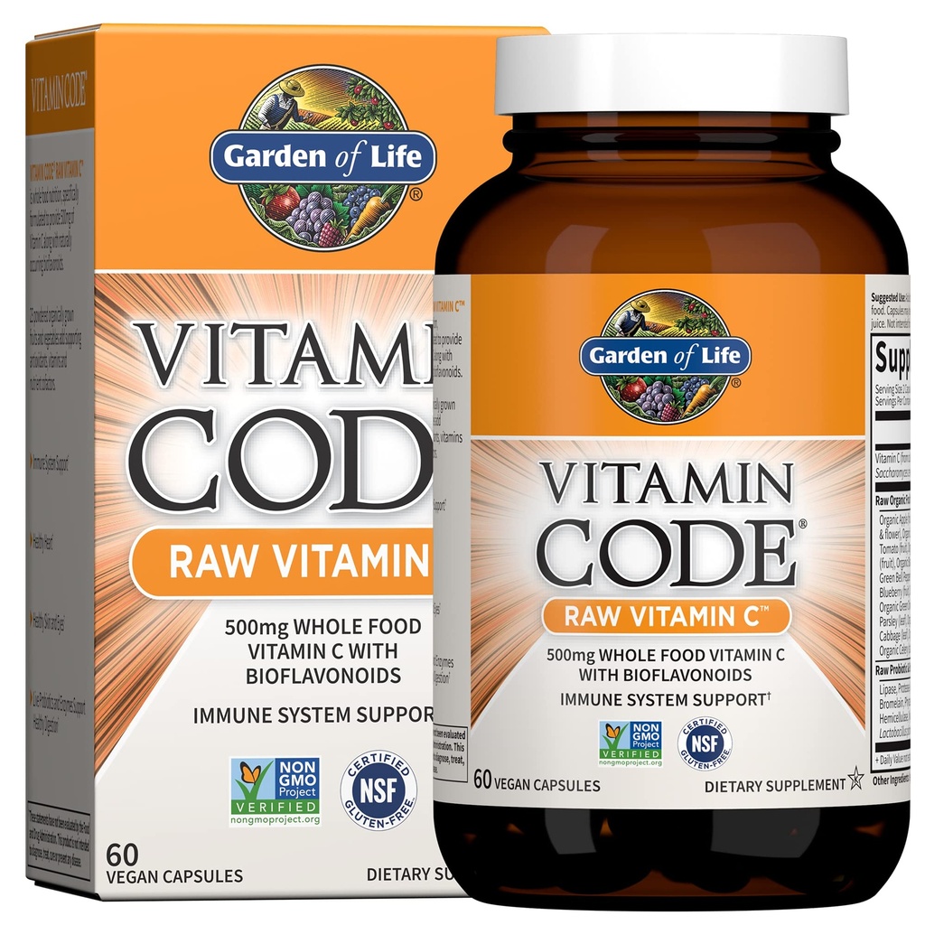 Code Vitamine de jardin de vie Vitamine brute C - 60 Capsules, 500 mg d'aliments entiers Vitamine C Capsules + Mélange de fruits et légumes et probiotiques, suppléments pour adultes, végétalien, sans gluten