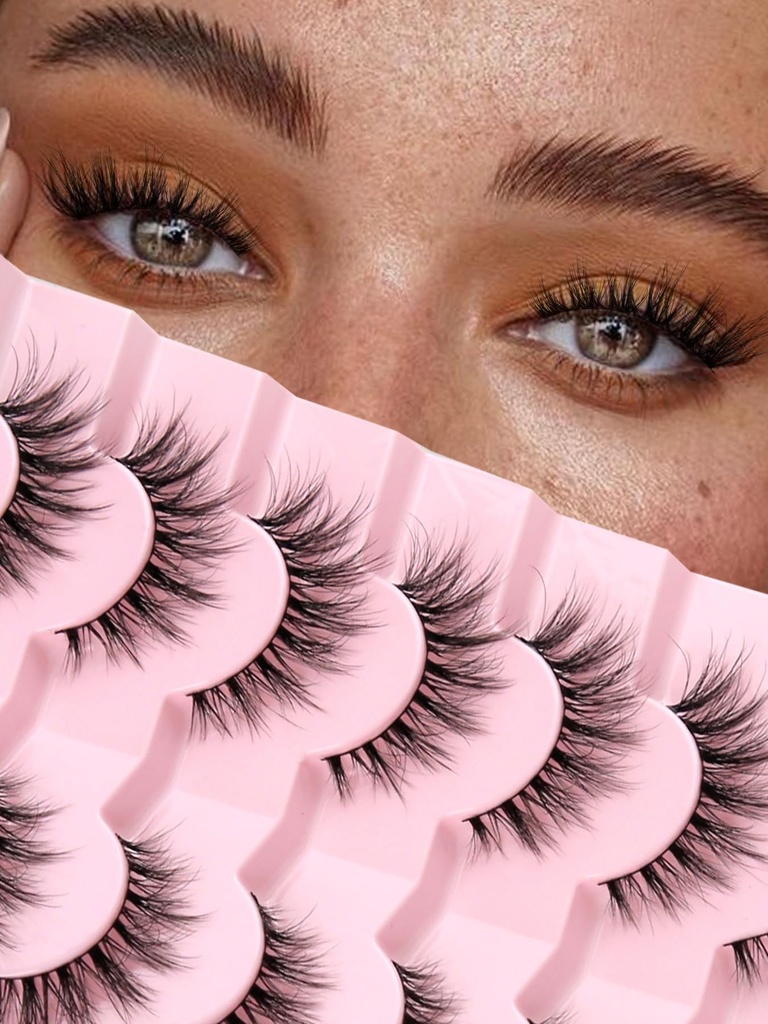 Cils naturels Chat Cils d'oeil Wispy Cils 15mm Faux cils Wispy Cils 3D Volume bande Cils mince bande de coton Faux cils Faux Cils Pack 7 paires Siligli