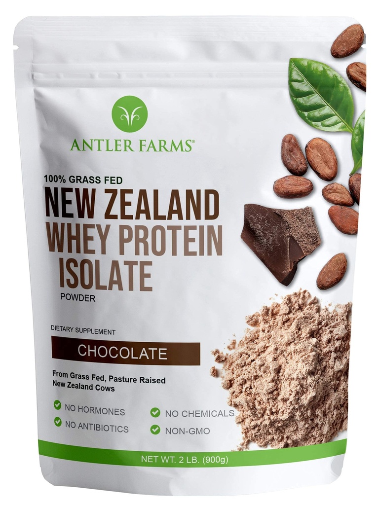 Antler Farms - 100% Grass Fed New Zealand Whey Protein Isolate, Chocolate Flavor, 2 lbs - Pure and Clean, 4 Ingredienti, Delicious, Cold Processed