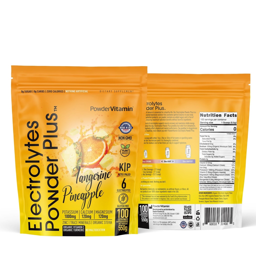 PulverVitamin Elektrolyte Pulver Plus (100 Portionen) Tangerine Ananas Elektrolyt Pulver Zero Calorie Keto,0Sugar, No Maltodextrin,1000mg Kalium,120mg Calcium,120mg Magnesium, Hydration Pulver