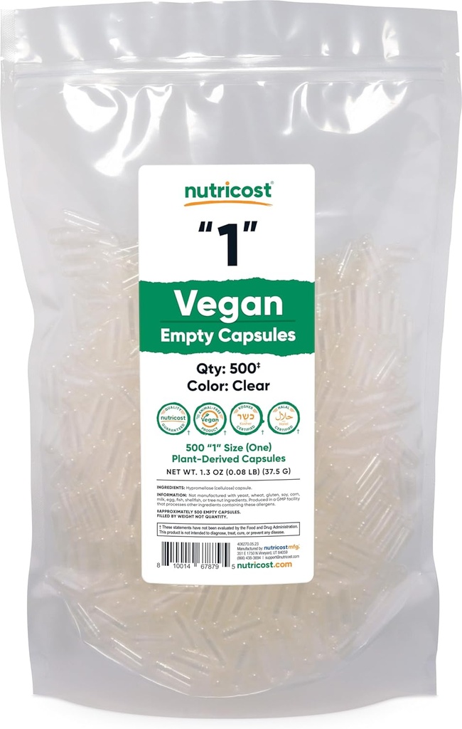 Nutricost Leere Kapseln Größe 1 Vegan - 500 Klare leere pflanzenbasierte Kapseln - Kosher Zertifiziert, Halal Zertifiziert, Non-GMO, Soy Free, Glutenfrei, Vegetarisch