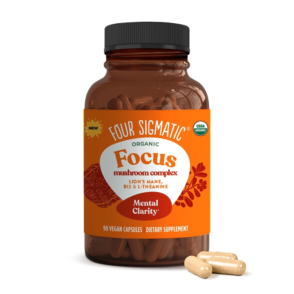 Quatre capsules de focus sigmatiques , Capsules de supplément de la main de lion , Complexe de boosting de cerveau avec Ashwagandha, Bacopa Monnieri & Rhodiola , Adaptogène Nootrope végétalien et supplément de champignons , 30 portions