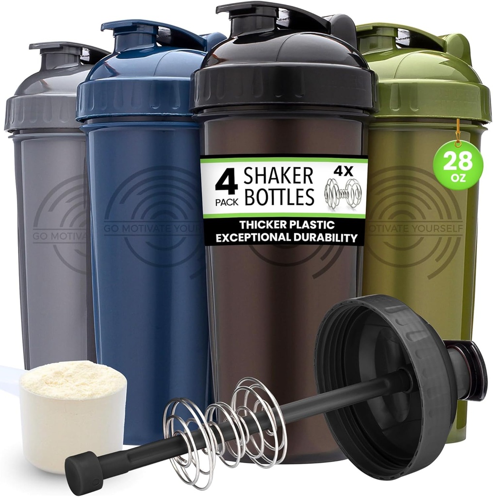 GOMOYO [4-Pack] 28-Ounce Shaker Bottiglia | Bulk Protein Shaker Bottiglia con Azione-Rod Wire Mixer | Shaker Cups sono BPA Free e Lavastoviglie Safe | Moss, Gray, Navy, & Black