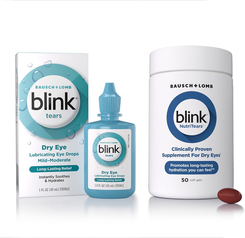 BLINK Tears Lubrifiant gouttes oculaires, 1 fl oz (30 mL) Soin des yeux pour les yeux secs légers à modérés, Hyaluronate pour stimuler l'hydratation NutriTears Supplément prouvé cliniquement pour les yeux secs, 50 Softgels