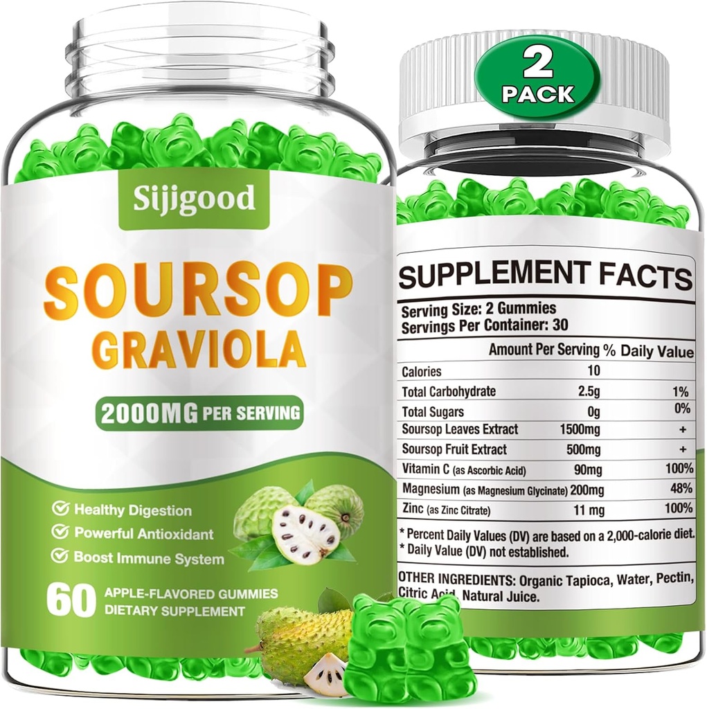 2 Pack Soursop Graviola Gummis - Bio Soursop Blätter & Obst Extrakt - Verdauungshilfe, Immununterstützung & Antioxidans Eigenschaften - 120 Apple Flavored Gummis