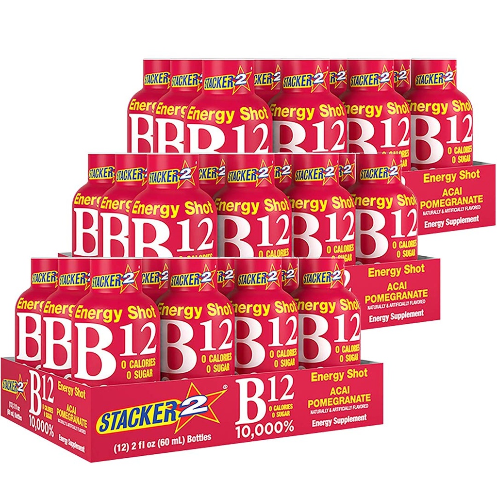 Stacker 2 Complexe Vitamine B B12 B6 B3 Coups d'énergie liquides - Acai et grenade - Cyanocobalamine, 10 000 % DRV - B-6 Pyridoxine 40mg - B3 Niacinamide (Niacine) 20mg - BOX BOND (2oz, boîte de 36)