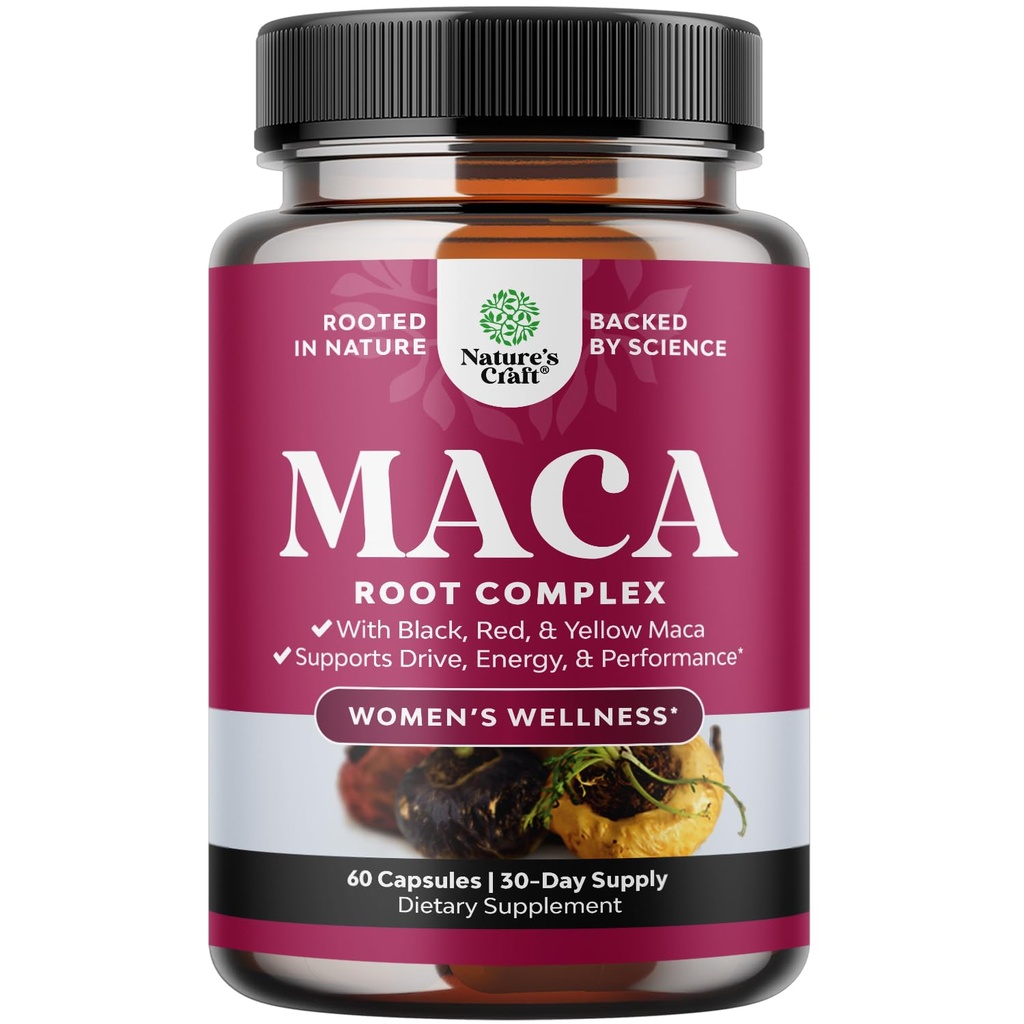 Bio Maca Root Capsules für Damen - Potent Kräuterergänzung mit weiblicher Verstärkung Mischung aus Rotgelb & Schwarz Maca Root - Non-GMO Certified Vegan und Gluten-Free mit keine künstlichen Farben - 60ct