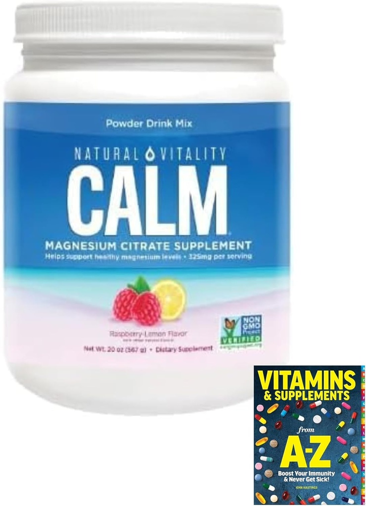 Natürlich-Vitalität Calm Magnesium Citrat Pulver, Himbeere Zitronen Geschmack, 20 Unzen+Guide Vitamine frei Include.(Pack 01) Flasche +Guide Vitamine