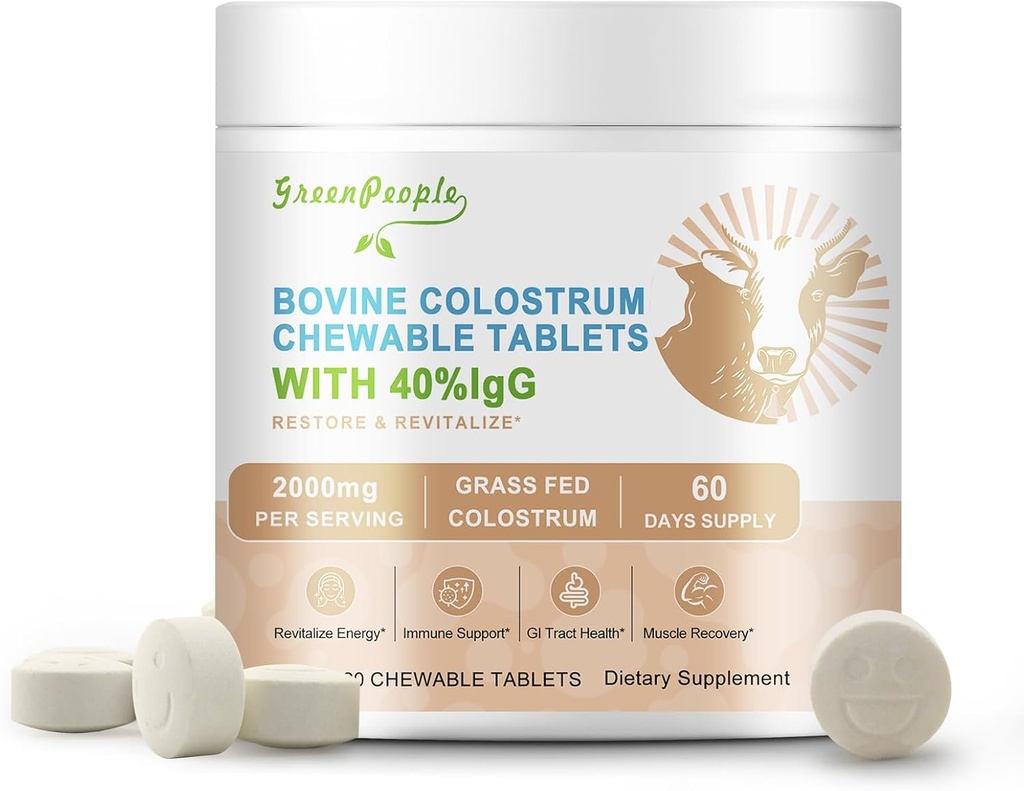 GREENPEOPLE Bovine Colostrum Tablets Chewable, 40% IgG | Colostrum Supplement für Immununterstützung, Gut Health | 120 Count
