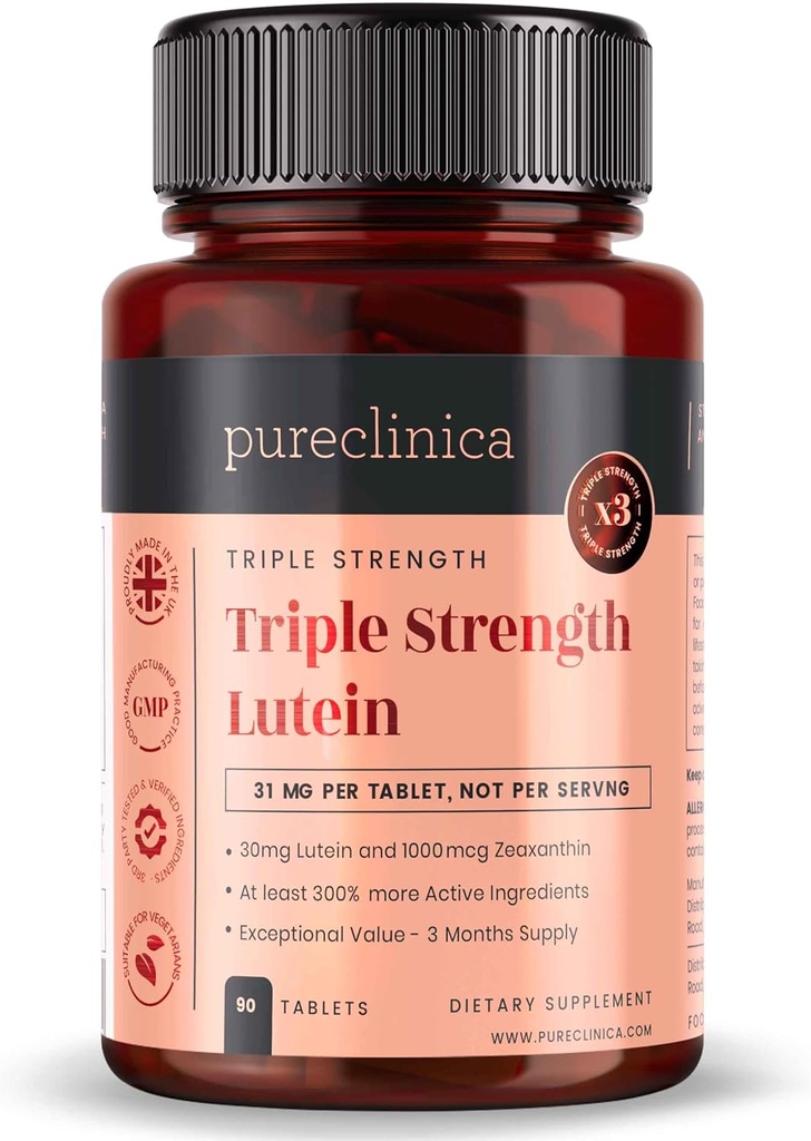 purclinica Lutein 30mg avec Zeaxanthin 1000mcg – Supplément triple résistance, 90 comprimés (3-Mois)