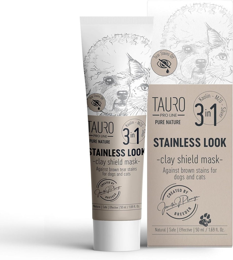 Tauro Pro Line Clay Tear Stain Remover für Hunde - Shield Maske für Augen, Ohren, Mund, Gentle Grooming Produkt für Hunde, Welpen & Cat (Stainless Look - 1.69 Fl Oz)