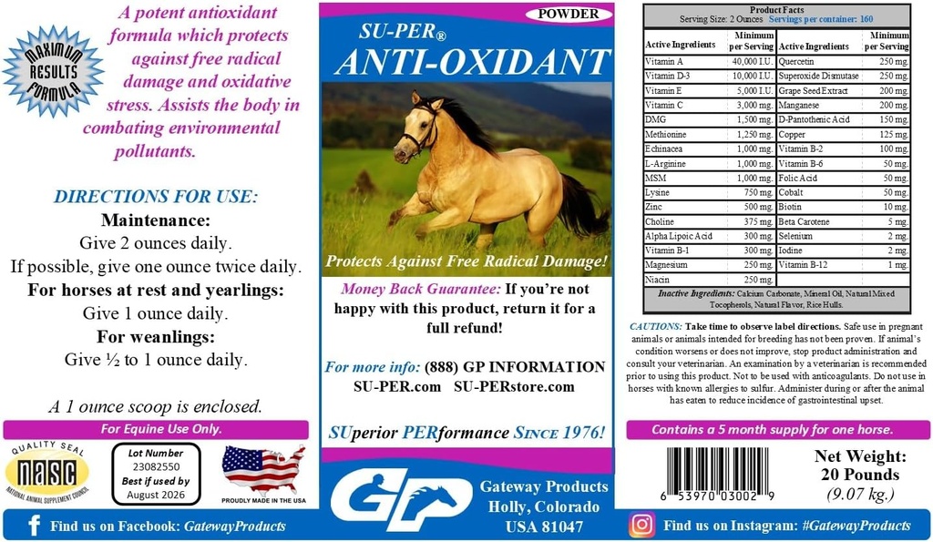 SUPER Supplément antioxydant pour chevaux - Vitamines équidés et soutien antioxydants essentiels - Combats Polluants environnementaux et stress oxydatif - 20 livres, 5 mois d'approvisionnement