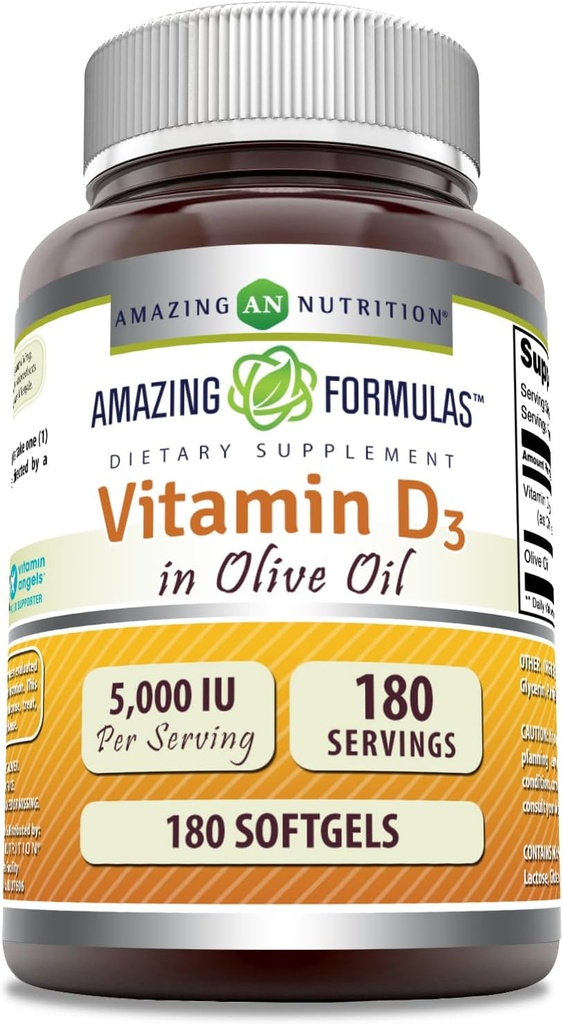 Erstaunliche Formeln Vitamin D3 mit Olivenöl 5000 IU Softgels Supplement | Non-GMO | Gluten Free | Made in USA (180 Count)